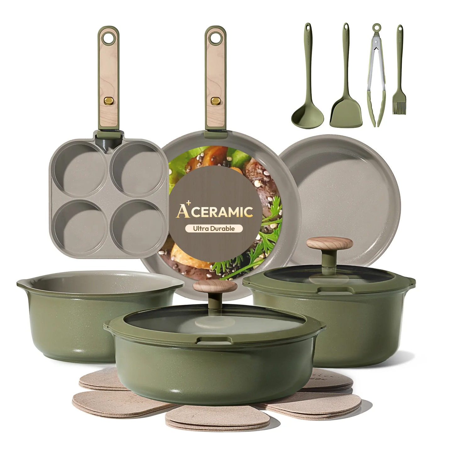 19-Piece Nonstick Ceramic Cookware Set with Detachable Handle