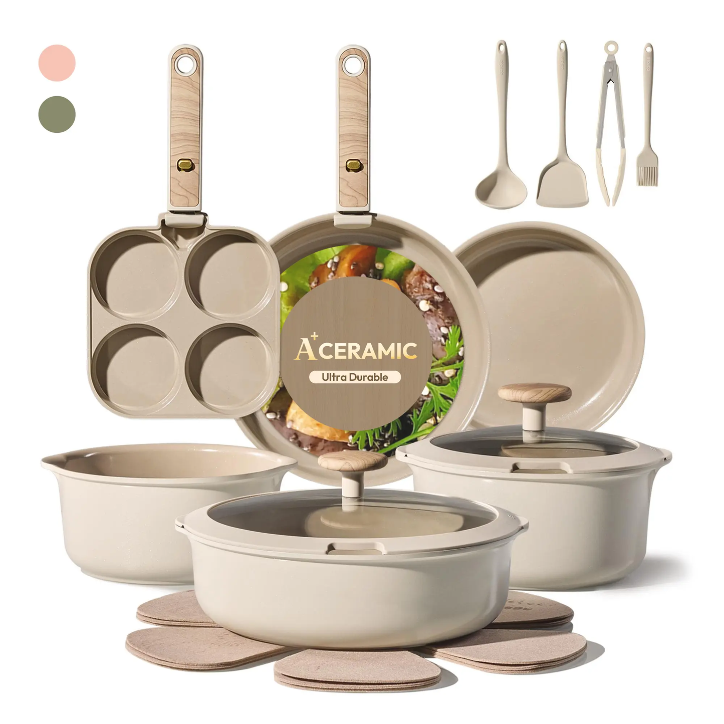 19-Piece Nonstick Ceramic Cookware Set with Detachable Handle