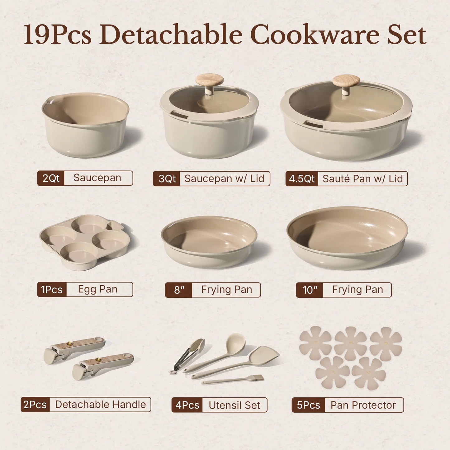 19-Piece Nonstick Ceramic Cookware Set with Detachable Handle