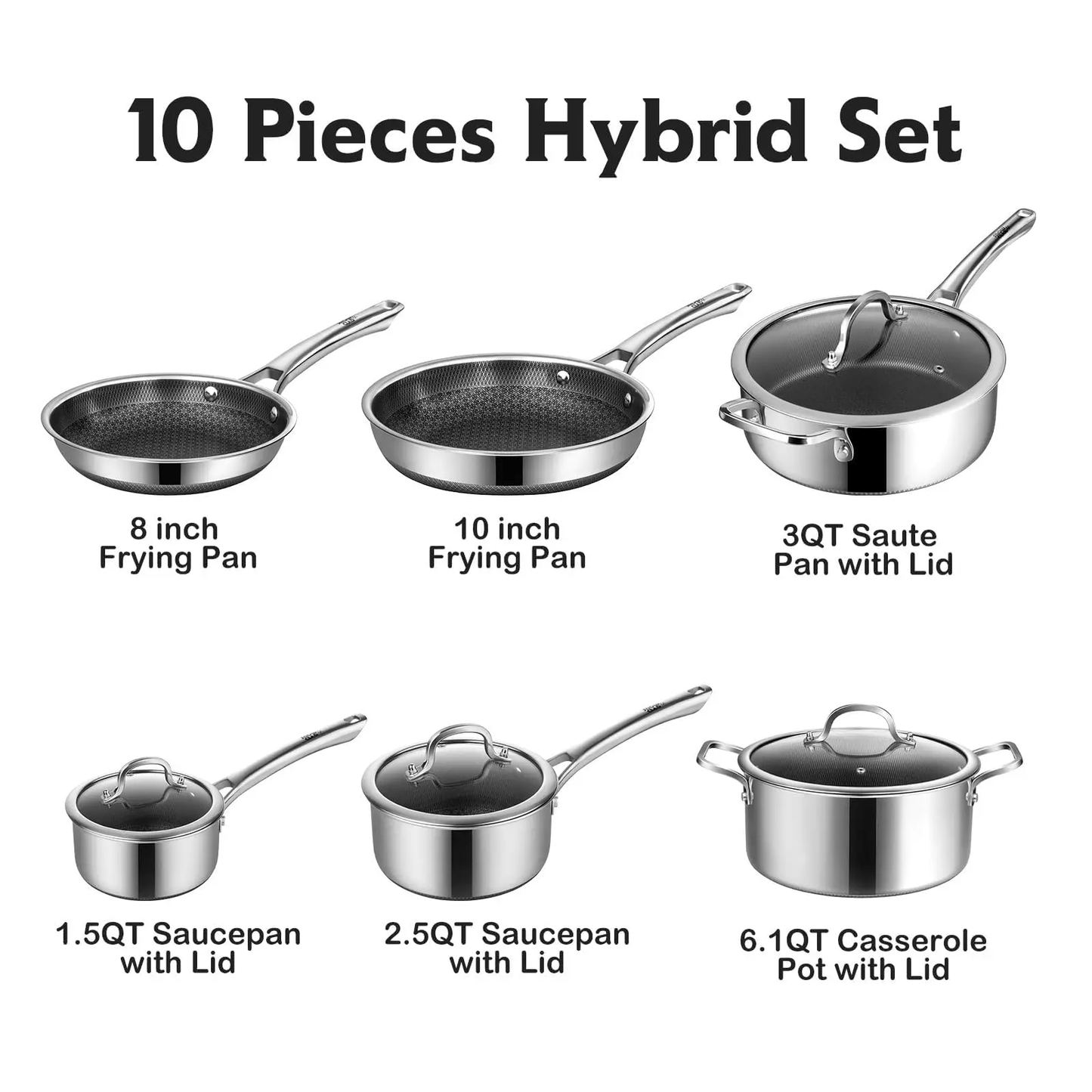 10-Piece Hybrid Stainless Steel Cookware Set – Nonstick Pots & Pans with Lids
