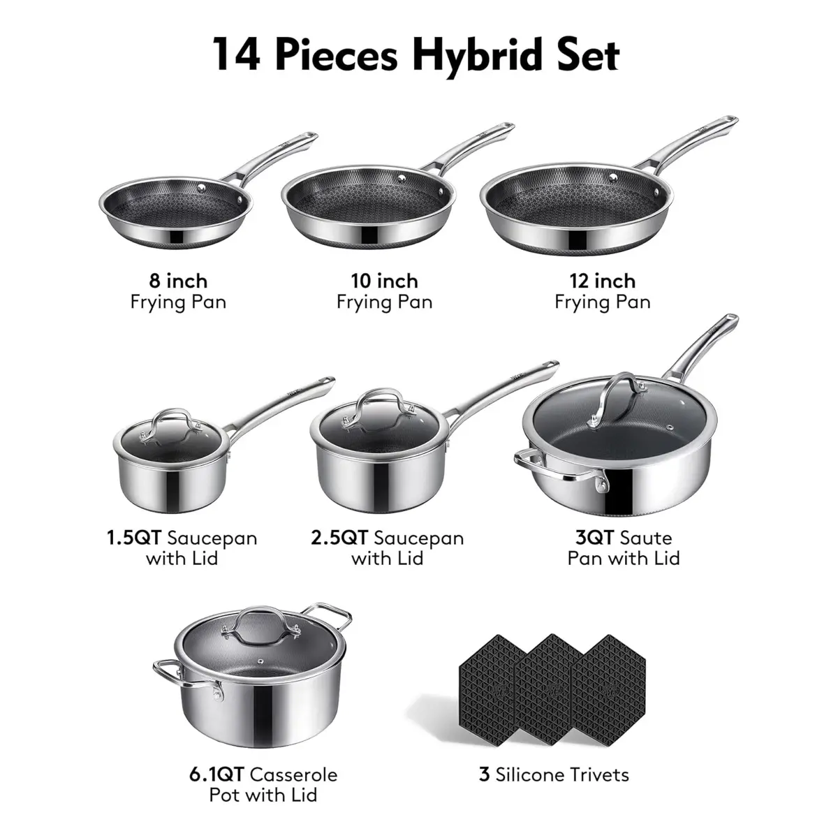 10-Piece Hybrid Stainless Steel Cookware Set – Nonstick Pots & Pans with Lids