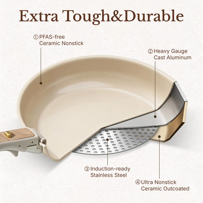 19-Piece Nonstick Ceramic Cookware Set with Detachable Handle