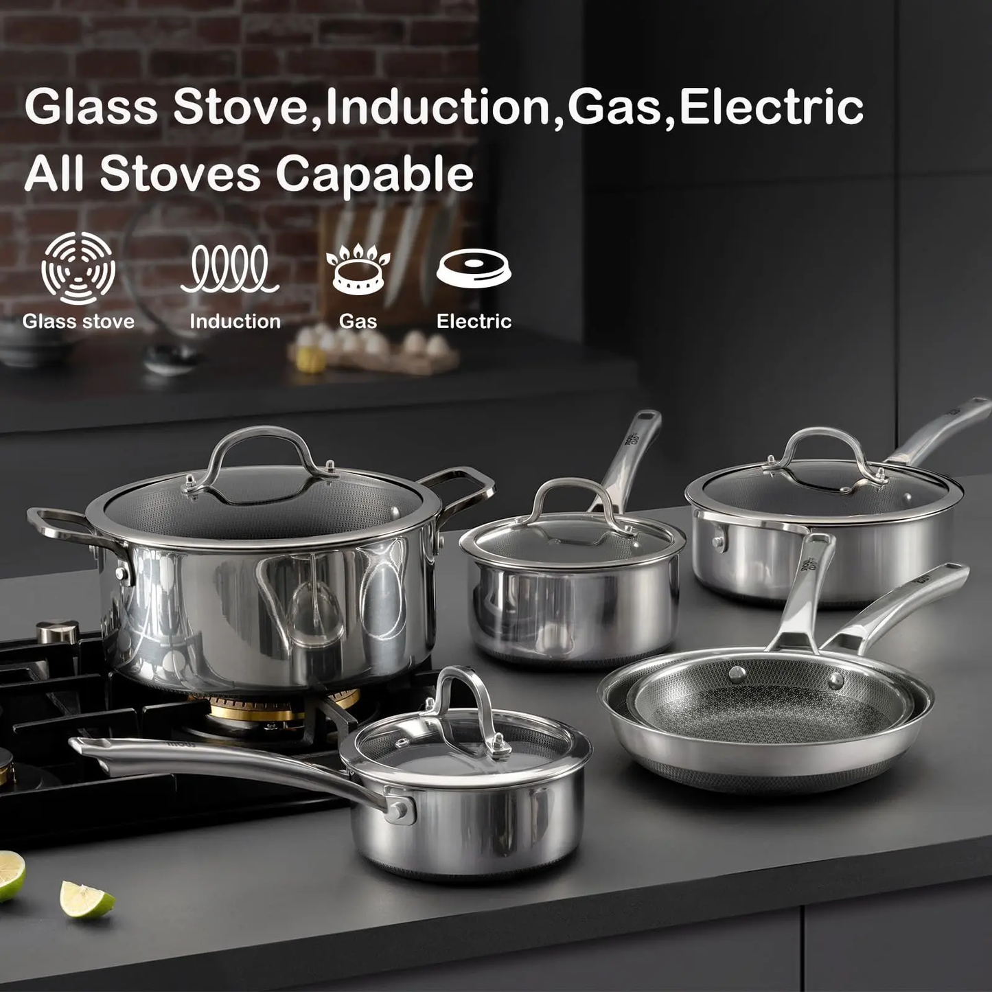 10-Piece Hybrid Stainless Steel Cookware Set – Nonstick Pots & Pans with Lids