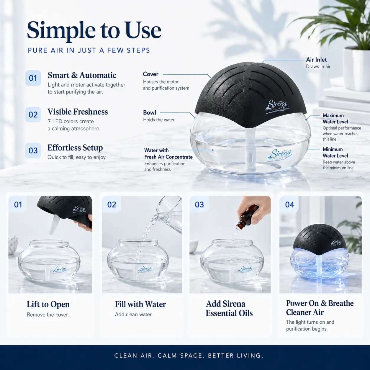 Water Filtration Air Purifier with LED Light