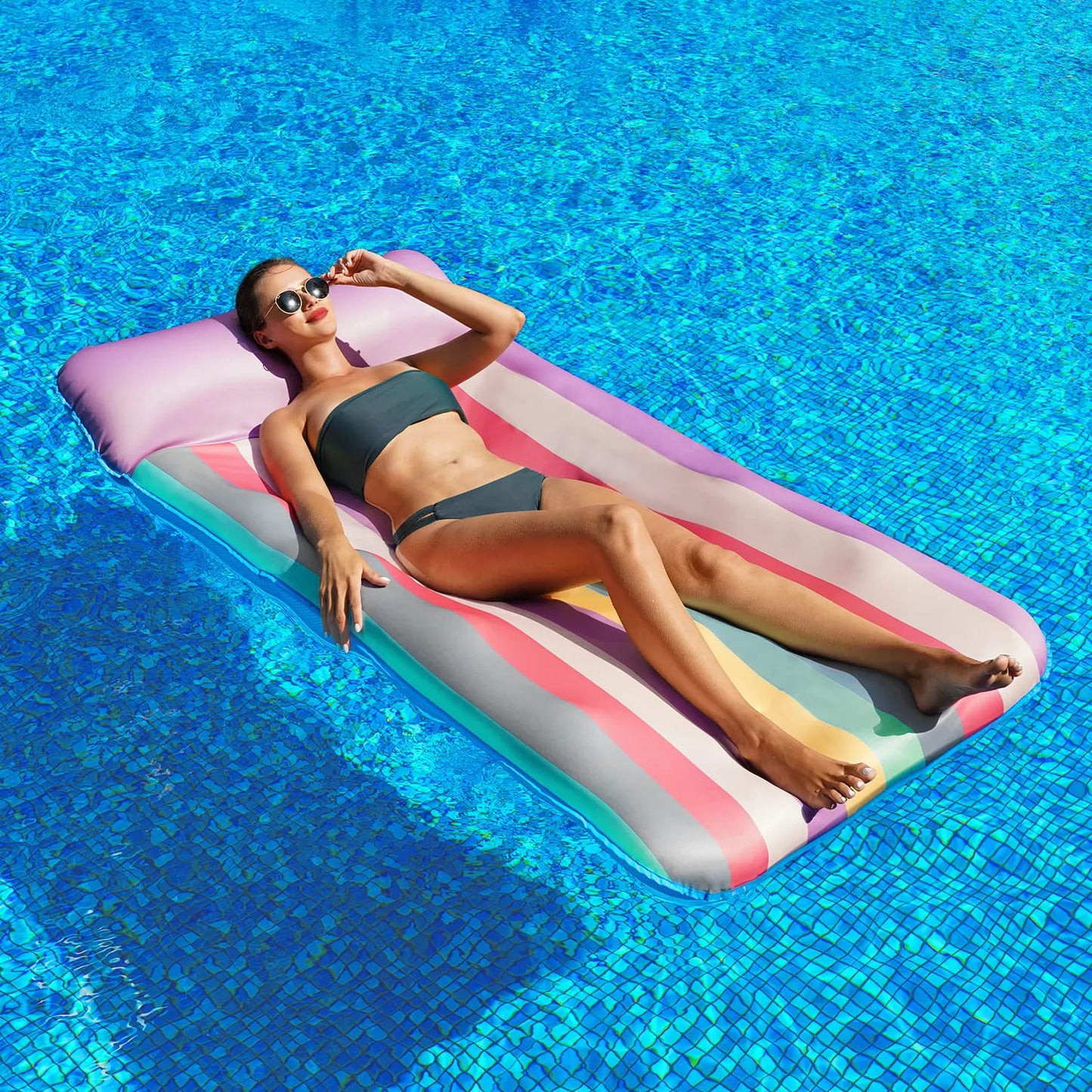 72" × 38" Oversized Pool Float for Adults – Fabric-Covered Inflatable Lounge Chair with Headrest, Cooling Water Pocket, Heavy-Duty 350 lb Capacity