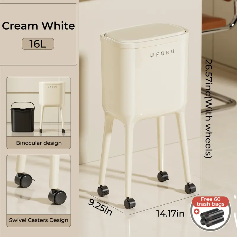 16L Rolling Trash Can with Odor-Proof Lid & Lockable Wheels