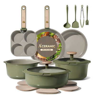 19-Piece Nonstick Ceramic Cookware Set with Detachable Handle