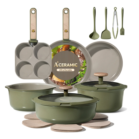 19-Piece Nonstick Ceramic Cookware Set with Detachable Handle