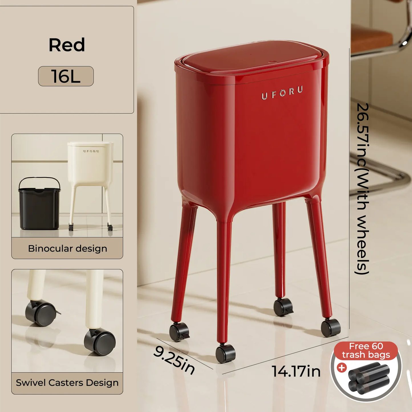 16L Rolling Trash Can with Odor-Proof Lid & Lockable Wheels