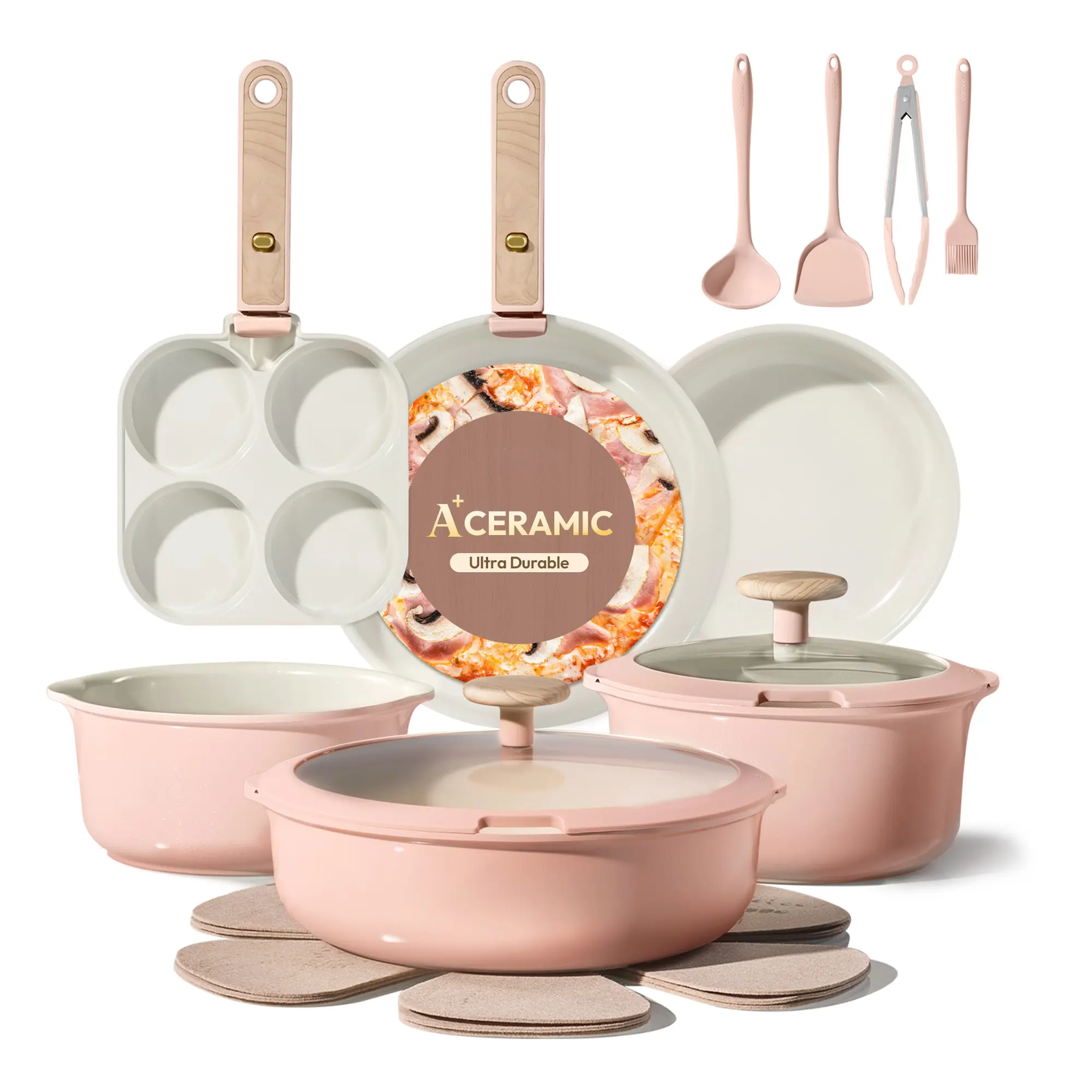 19-Piece Nonstick Ceramic Cookware Set with Detachable Handle