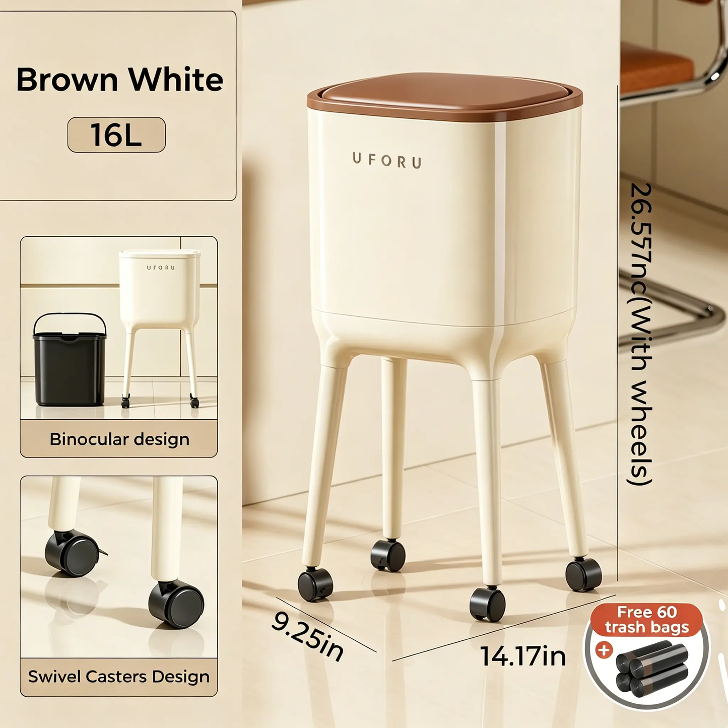 16L Rolling Trash Can with Odor-Proof Lid & Lockable Wheels