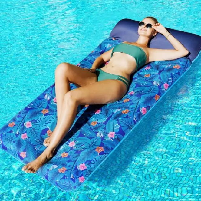 72" × 38" Oversized Pool Float for Adults – Fabric-Covered Inflatable Lounge Chair with Headrest, Cooling Water Pocket, Heavy-Duty 350 lb Capacity